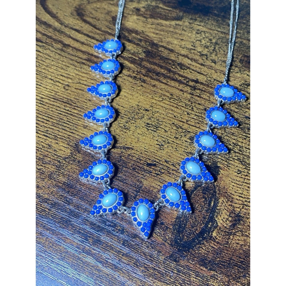 Blue Teardrop Bib Statement Costume Jewelry Necklace Silver Tone Adjustable
